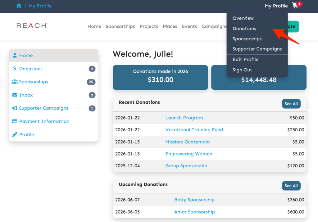 Customizing Your Donor Portal myprofilemenu