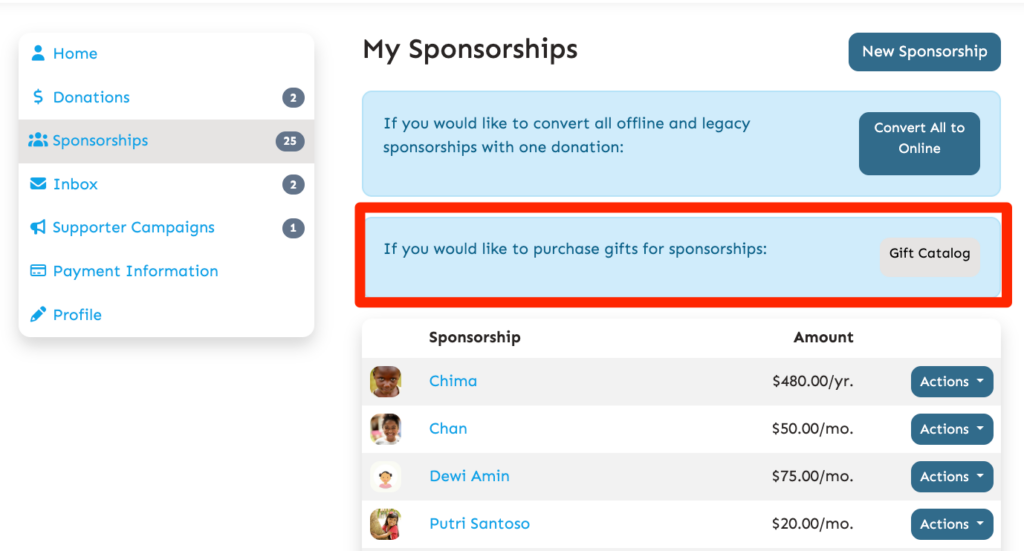 Purchasing a Sponsorship Gift from Donor Portal giftcatalog
