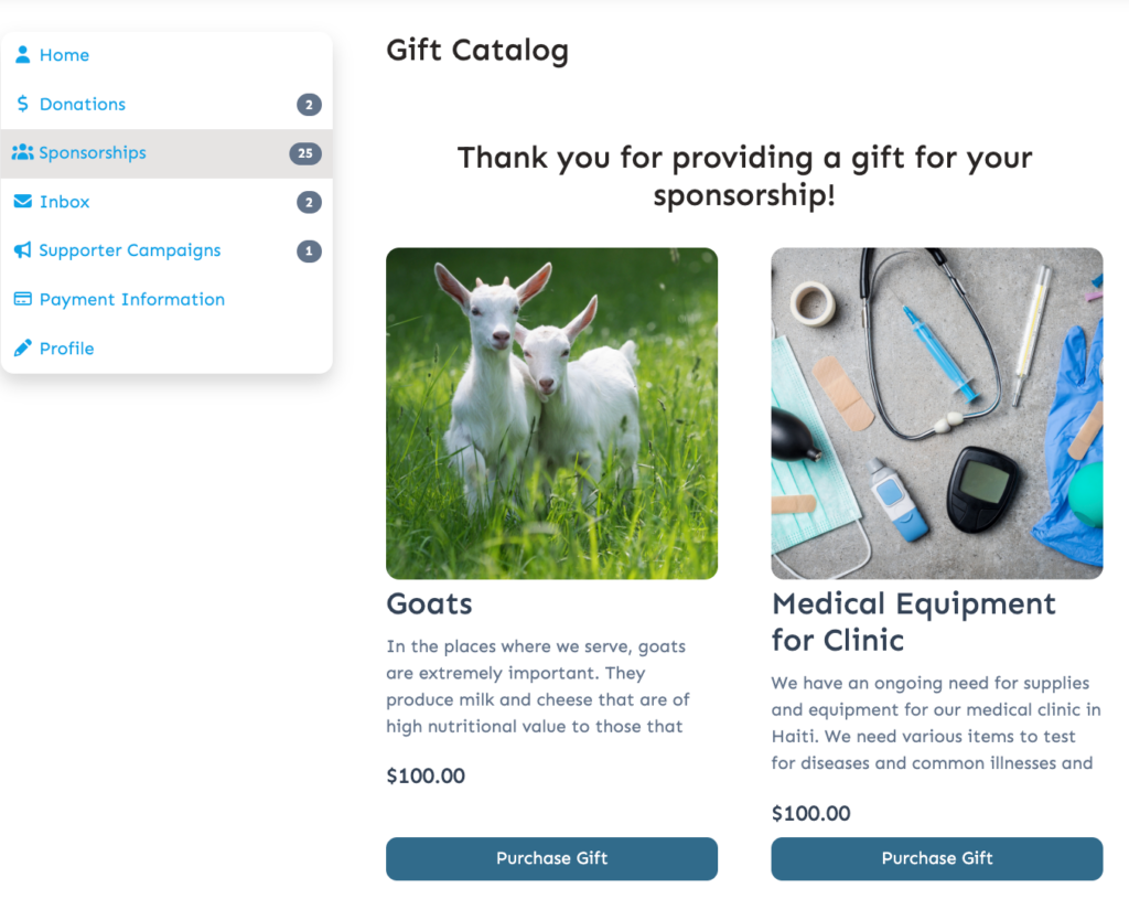 Purchasing a Sponsorship Gift from Donor Portal sponsorshipgifts