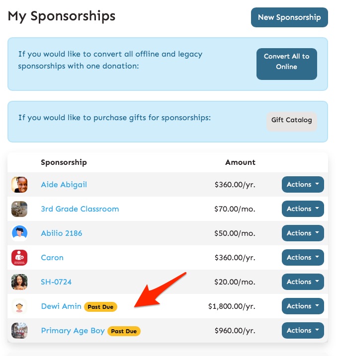 Catch Up Alert in Donor Portal my sponsorships serve haiti